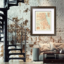 «Карта Чикаго, конец 19 в. 1» в интерьере двухярусной гостиной в стиле лофт с кирпичной стеной