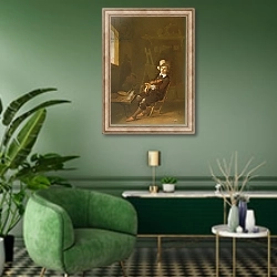 «Self Portrait of the Artist Playing a Violin» в интерьере гостиной в зеленых тонах