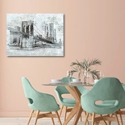 «Нью-Йоркский мост и газетные статьи» в интерьере современной столовой в пастельных тонах