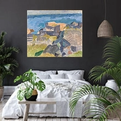 «Landscape from Christiansø» в интерьере современной спальни с черными стенами