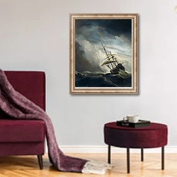 «A ship in need in a raging storm» в интерьере гостиной в бордовых тонах