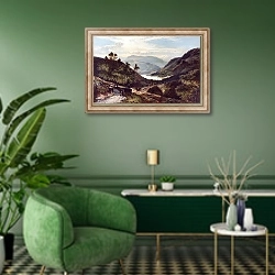 «Горный пейзаж 23» в интерьере гостиной в зеленых тонах