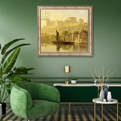 «Windsor Castle from the Thames» в интерьере гостиной в зеленых тонах