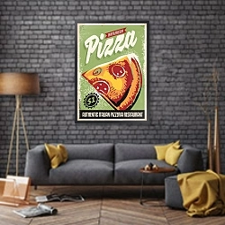 «Горячая и свежая пицца, ретро плакат» в интерьере в стиле лофт над диваном