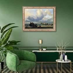 «Пляж с рыбаками» в интерьере гостиной в зеленых тонах