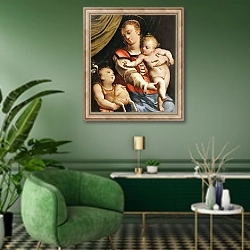 «Дева с младенцем и Иоанн Креститель» в интерьере гостиной в зеленых тонах