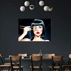 «Девушка с роллом на палочках» в интерьере столовой с черными стенами