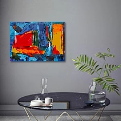 «Синяя абстракция с красными элементами» в интерьере современной гостиной в серых тонах