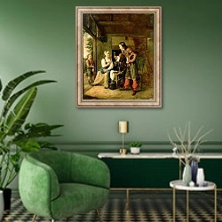 «Warrior and Servant, 1653» в интерьере гостиной в зеленых тонах