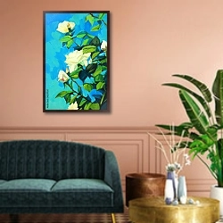 «Цветущие белые розы» в интерьере классической гостиной над диваном