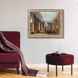 «The Queen's Library, Frogmore, Pyne's 'Royal Residences', 1818» в интерьере гостиной в бордовых тонах