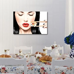 «Девушка ест нигири суши палочками для еды» в интерьере кухни в стиле прованс над столом с завтраком