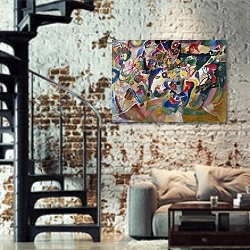 «Entwurf 3 zu ‘Komposition VII’» в интерьере двухярусной гостиной в стиле лофт с кирпичной стеной