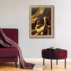 «The Raft of the Medusa, detail of an old man, 1819» в интерьере гостиной в бордовых тонах