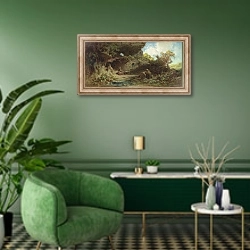 «A Hermit in the Mountains» в интерьере гостиной в зеленых тонах