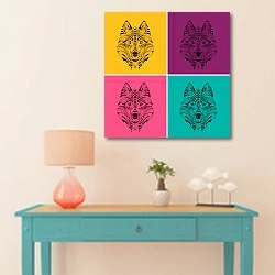 «Узорчатая разноцветная голова волка» в интерьере в стиле поп-арт над голубым столиком