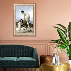 «Две купальщицы» в интерьере классической гостиной над диваном