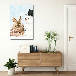 «Кролик с игрушечными санками и снеговиком» в интерьере современной прихожей над тумбой