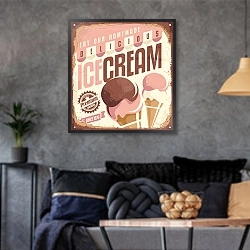 «Домашнее мороженое, ретро плакат» в интерьере гостиной в стиле лофт в серых тонах