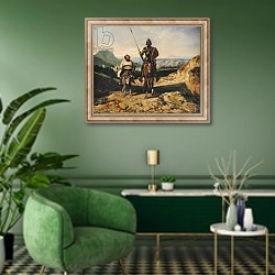 «Don Quixote and Sancho» в интерьере гостиной в зеленых тонах