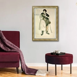 «Portrait of the Opera Singer Feodor Ivanovich Chaliapin 1920-21» в интерьере гостиной в бордовых тонах
