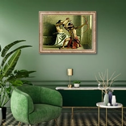 «Joash Shooting the Arrow of Deliverance, 1844» в интерьере гостиной в зеленых тонах