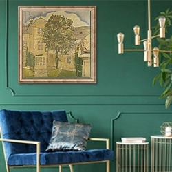 «Flowering Chestnut Tree in the Garden; Bluhende Kastanienbaum im Garten,» в интерьере в классическом стиле с зеленой стеной