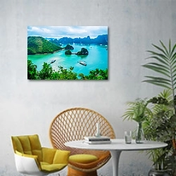 «Вьетнам. Scenic view of islands in Halong Bay» в интерьере современной гостиной с желтым креслом