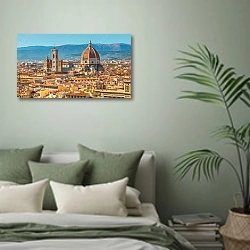 «Италия. Флоренция. Панорама исторической части города» в интерьере современной спальни в зеленых тонах