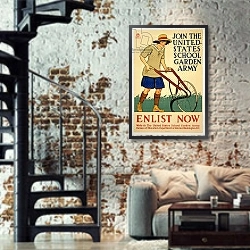 «Join the United States School Garden Army - Enlist now, 1918» в интерьере двухярусной гостиной в стиле лофт с кирпичной стеной