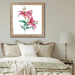 «Веточка розовой лилии с двумя цветками и бутоном» в интерьере спальни в стиле прованс над кроватью