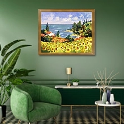 «Дом на морском побережье» в интерьере гостиной в зеленых тонах