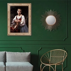 «Цыганская девочка с баскским бубном» в интерьере классической гостиной с зеленой стеной над диваном