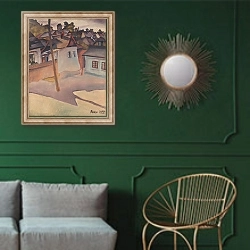 «Cigánsky tábor» в интерьере классической гостиной с зеленой стеной над диваном