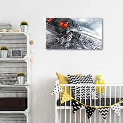 «Быстрый автомобиль на мокрой дороге» в интерьере детской комнаты для мальчика с желтыми деталями