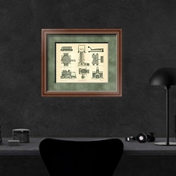 «Оборудование для выплавки меди» в интерьере кабинета в черных цветах над столом