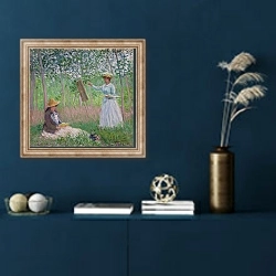 «In the Woods at Giverny: Blanche Hoschede at her easel with Suzanne Hoschede reading, 1887» в интерьере в классическом стиле в синих тонах