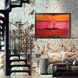 «Silk Knots, 2010» в интерьере двухярусной гостиной в стиле лофт с кирпичной стеной