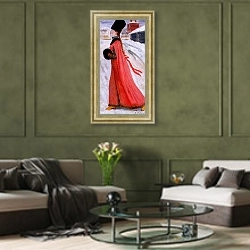 «Московская девушка 17-го века» в интерьере гостиной в оливковых тонах