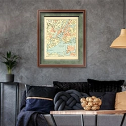 «Карта Нью-Йорка и его окрестностей» в интерьере гостиной в стиле лофт в серых тонах