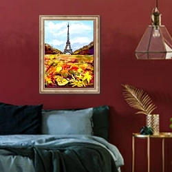 «Осень в Париже.» в интерьере спальни с акцентной стеной