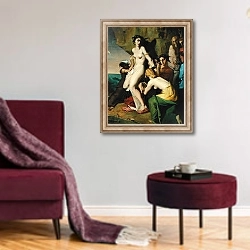 «Andromeda Tied to the Rock by the Nereids, 1840» в интерьере гостиной в бордовых тонах
