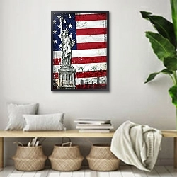 «Статуя свободы на фоне флага» в интерьере комнаты в стиле ретро с плетеными корзинами