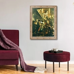 «Frederick II the Great in Lissa, Bonsoir, Messieurs! 1858» в интерьере гостиной в бордовых тонах