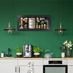 «Набор из кружки, банки, бочонка, бутылки» в интерьере кухни с зелеными стенами