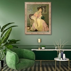 «Portrait of a Young Girl, 1906» в интерьере гостиной в зеленых тонах