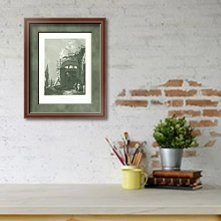 «Руины в Италии» в интерьере кабинета с кирпичными стенами над письменным столом