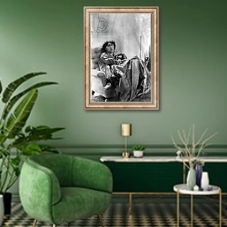 «Jane Morris, posed by Dante Gabriel Rossetti, 1865 5» в интерьере гостиной в зеленых тонах