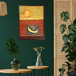 «The Sun Rises While the Moon Sleeps, 1990» в интерьере в этническом стиле с зеленой стеной