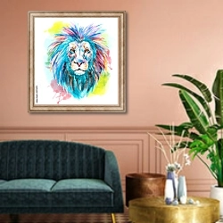 «Акварельный портрет льва» в интерьере классической гостиной над диваном